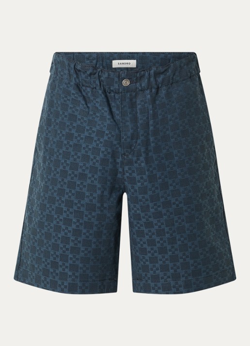 Sandro Loose fit korte broek van denim met ruit dessin - voorkant 2 petrol