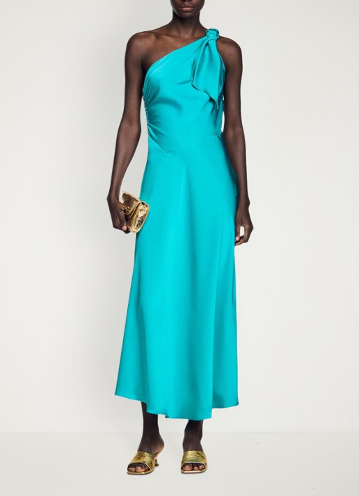 Sandro Maxi jurk met asymmetrische hals - voorkant 2 groen