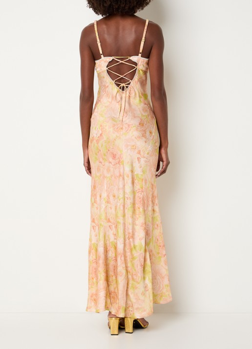 Sandro Maxi jurk met bloemenprint en rugdecolleté - voorkant 2 abrikoos