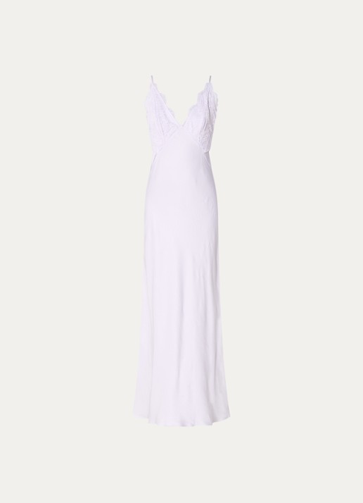 Sandro Maxi jurk met details van kant en glanzende finish - voorkant lila