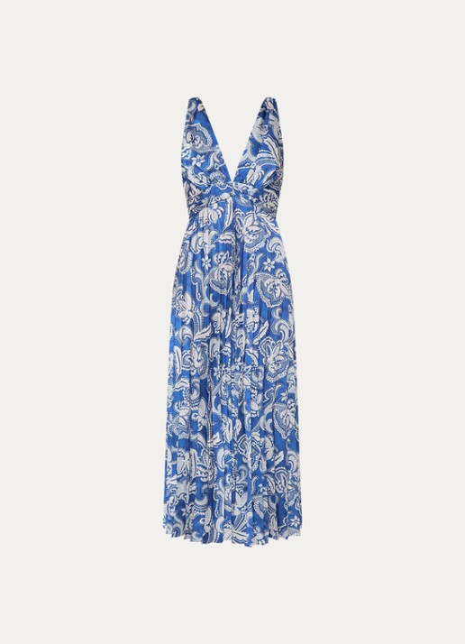 Sandro Maxi jurk van satijn met bloemenprint - voorkant 2 donkerblauw