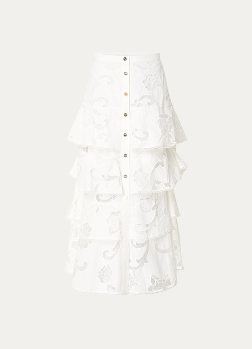 Sandro Maxi rok met broderie en volant - voorkant 3 wit