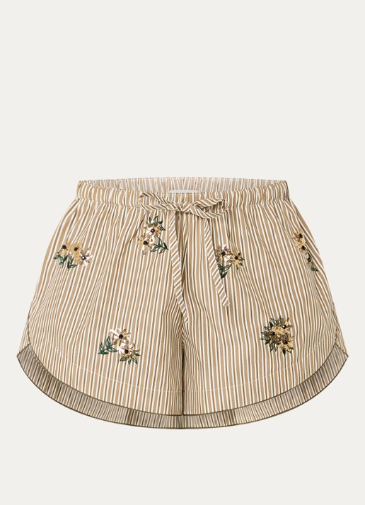 Sandro Mid waist korte broek met streepdessin en pailletten - voorkant 3 lichtbruin