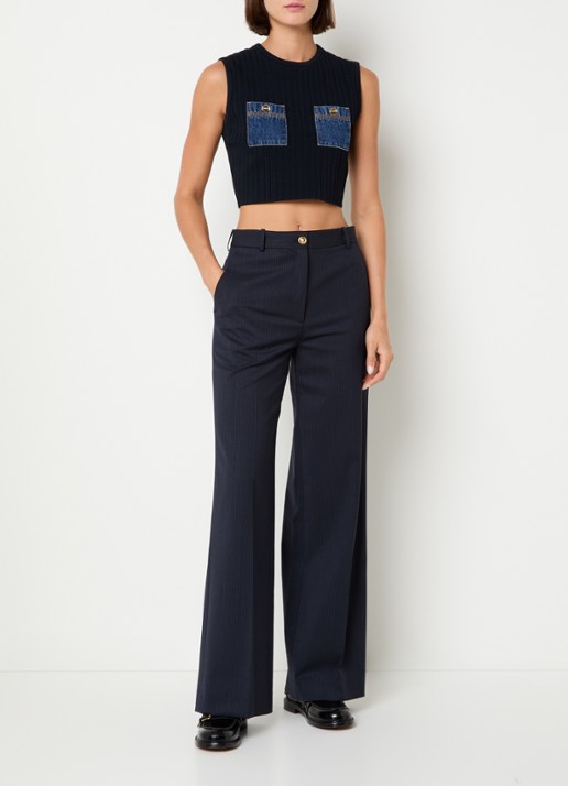Sandro Mid waist loose fit pantalon in wolblend met streepprint - voorkant 2 donkerblauw