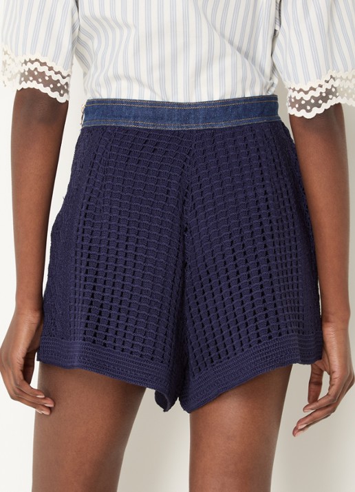Sandro Mid waist straight fit korte broek van crochet met detail van denim - achterkant 2 donkerblauw