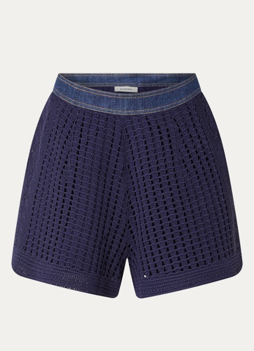 Sandro Mid waist straight fit korte broek van crochet met detail van denim - voorkant 3 donkerblauw