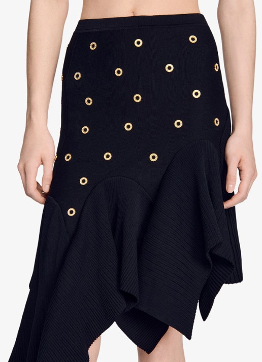 Sandro Midi asymmetrische rok met applicatie - detail 6 zwart