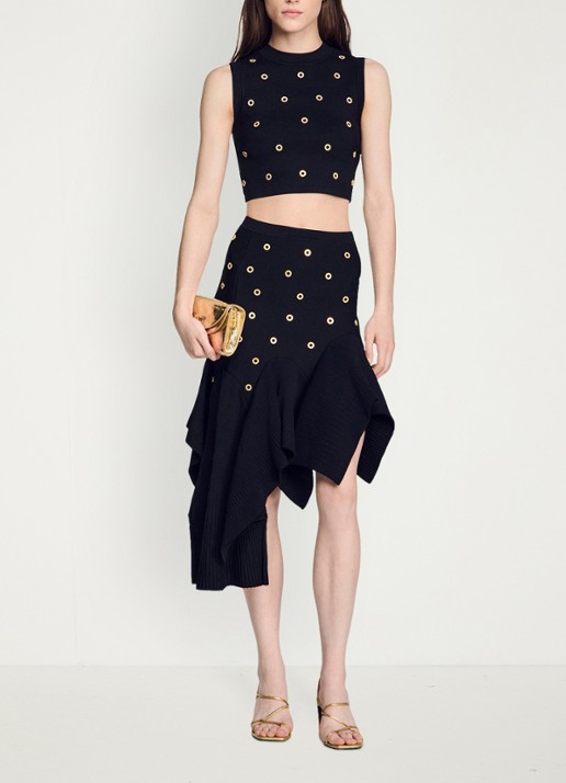 Sandro Midi asymmetrische rok met applicatie - voorkant 3 zwart