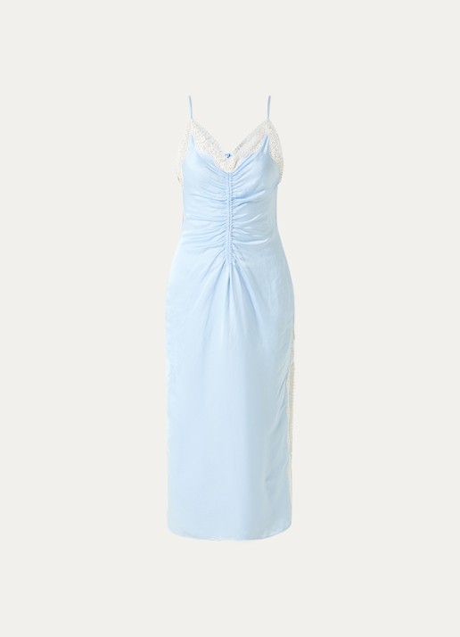 Sandro Midi jurk in linnenblend met details van kant - voorkant 3 lichtblauw