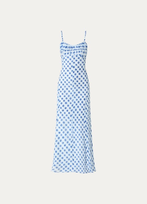 Sandro Midi jurk in linnenblend met ruitdessin en rugdecolleté - voorkant blauw
