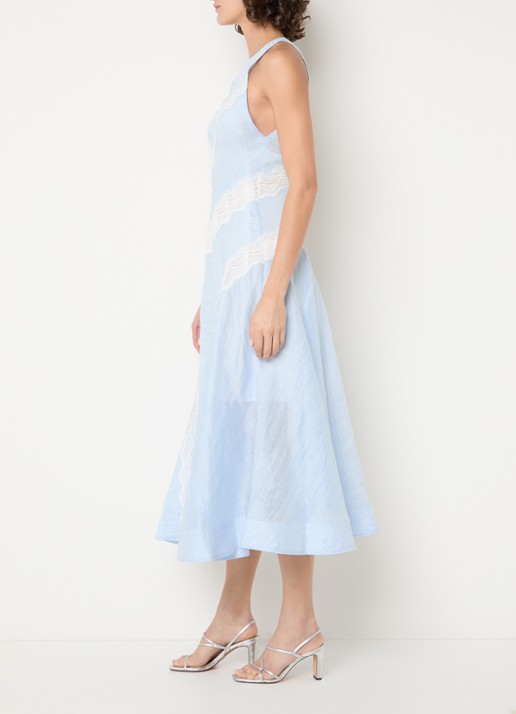 Sandro Midi jurk in linnenblend met streepprint en details van kant - voorkant 4 lichtblauw