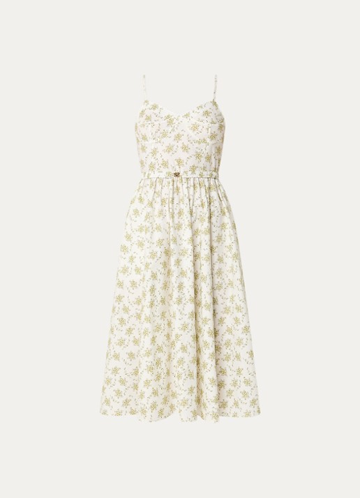 Sandro Midi jurk met bloemenprint en ceintuur - voorkant gebroken wit