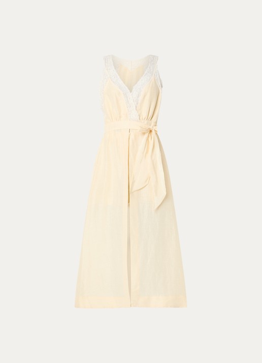 Sandro Midi jurk met ceintuur en broderie - voorkant 3 lichtgeel