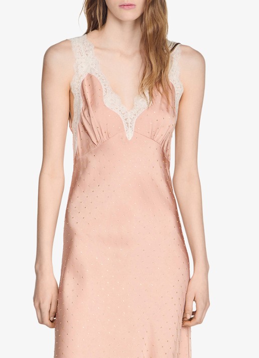 Sandro Midi jurk met pailletten en details van kant - detail oudroze