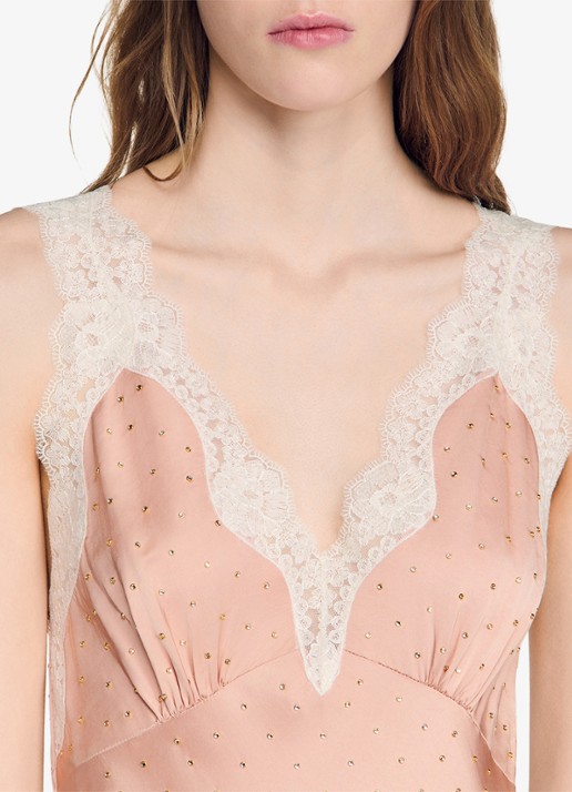 Sandro Midi jurk met pailletten en details van kant - detail 2 oudroze