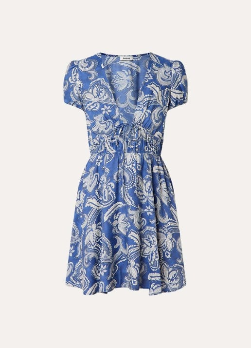 Sandro Midi jurk met print en ceintuur - voorkant blauw