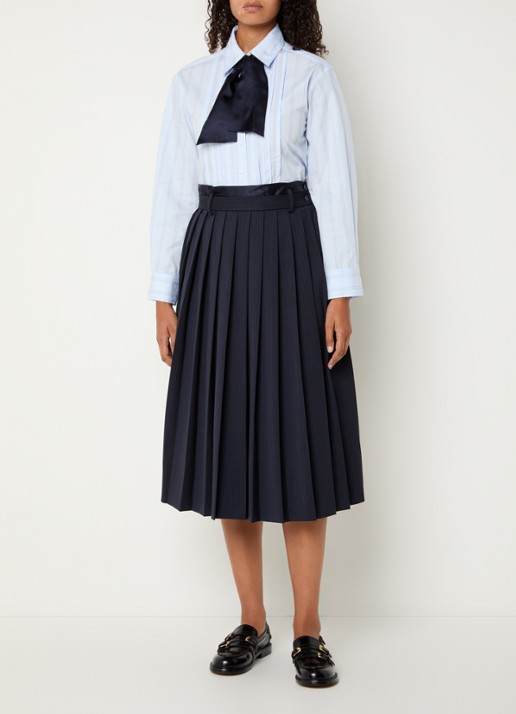Sandro Midi plooirok in wolblend met streepprint - voorkant 3 donkerblauw