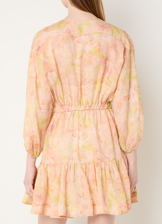Sandro Mini jurk in linnenblend met print en ballonmouw - achterkant 4 zalmroze