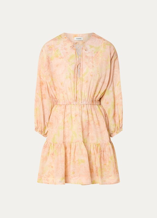 Sandro Mini jurk in linnenblend met print en ballonmouw - voorkant 2 zalmroze