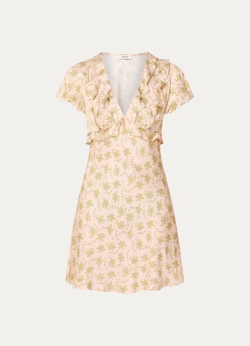 Sandro Mini jurk met bloemenprint en ruches - voorkant 3 lichtroze