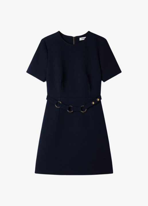 Sandro Mini jurk met ceintuur - voorkant donkerblauw