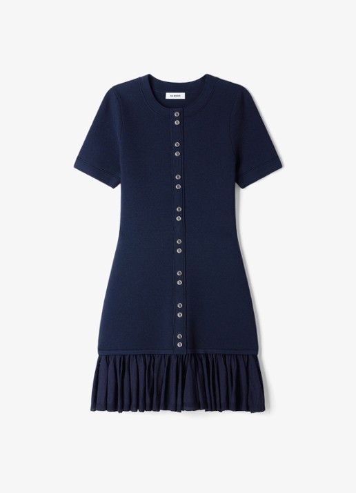 Sandro Mini jurk met ronde hals en ruches - voorkant donkerblauw
