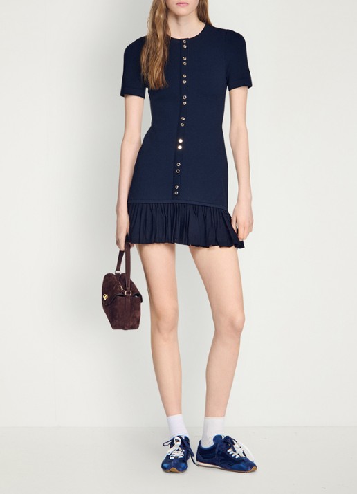 Sandro Mini jurk met ronde hals en ruches - voorkant 2 donkerblauw
