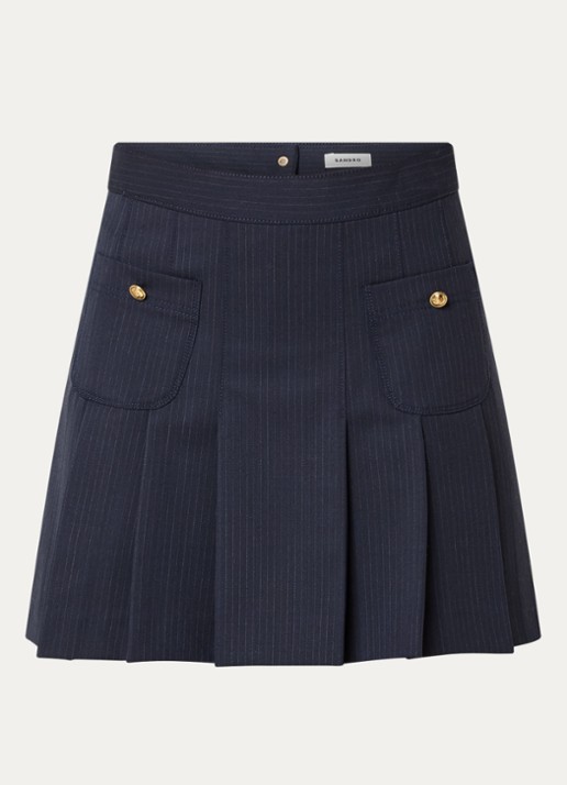 Sandro Mini plooirok in wolblend met streepprint - voorkant donkerblauw