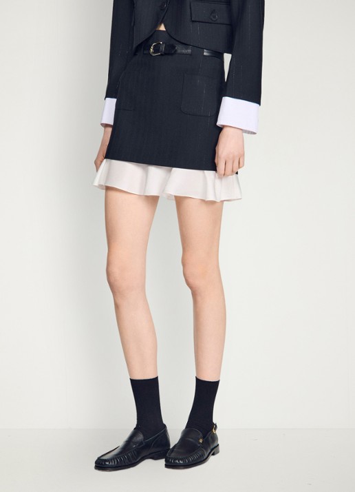 Sandro Mini rok met krijtstreep en riem - detail 2 zwart