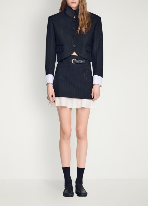 Sandro Mini rok met krijtstreep en riem - detail 3 zwart
