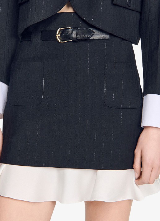 Sandro Mini rok met krijtstreep en riem - detail 4 zwart