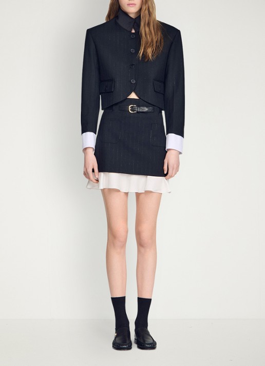 Sandro Mini rok met krijtstreep en riem - detail 5 zwart