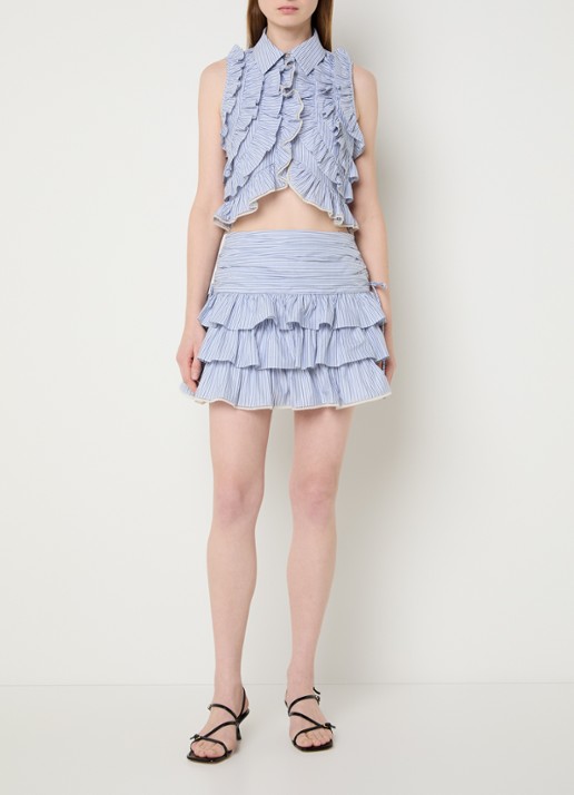 Sandro Mini rok met streepprint en ruches - voorkant 2 blauw