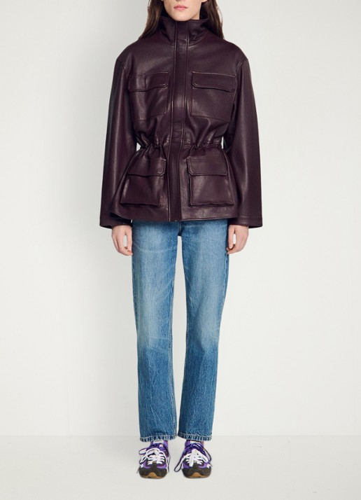 Sandro Oversized jack van lamsleer met opstaande kraag - detail 2 bordeauxrood