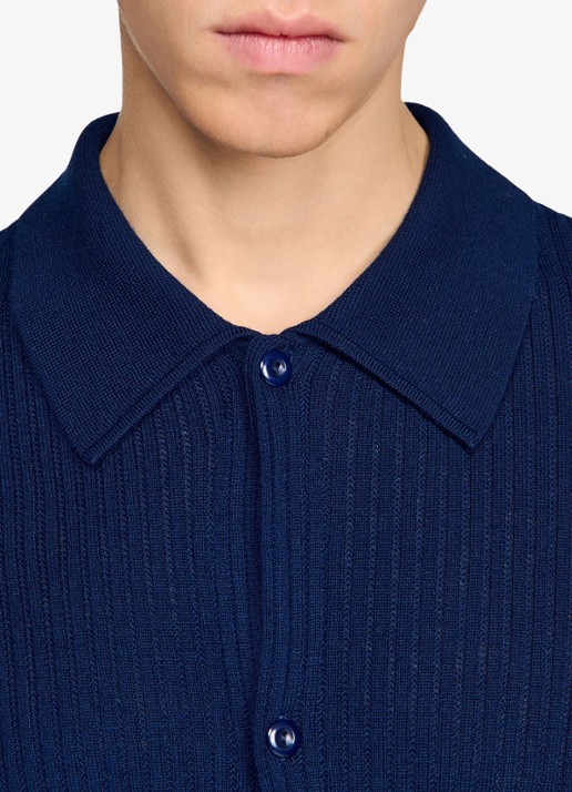 Sandro Ribgebreid vest in wolblend met V-hals - detail 5 royal blue / blauw