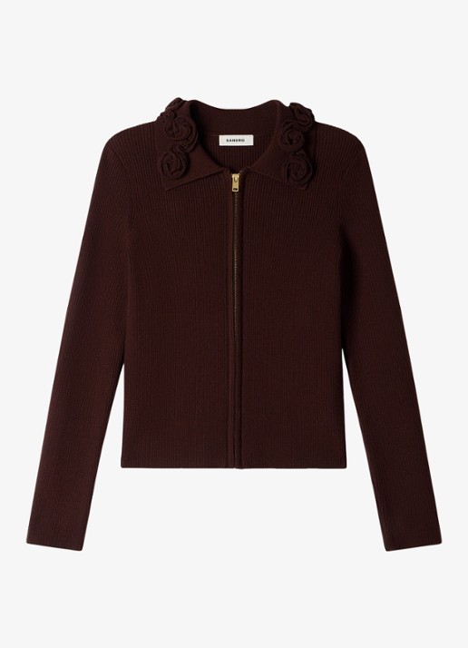 Sandro Ribgebreid vest met borduring - voorkant bruin