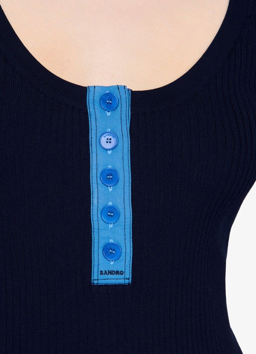 Sandro Ribgebreide tanktop in zijdeblend met knoopdetail - detail 3 donkerblauw