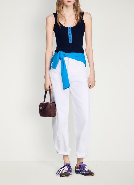 Sandro Ribgebreide tanktop in zijdeblend met knoopdetail - voorkant 6 donkerblauw