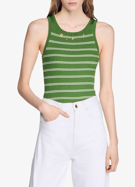 Sandro Ribgebreide tanktop in zijdeblend met streepprint en decoratie