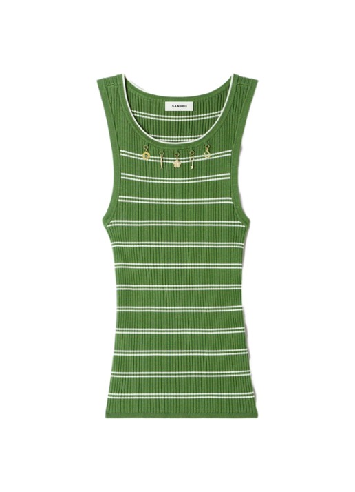 Sandro Ribgebreide tanktop in zijdeblend met streepprint en decoratie - voorkant groen