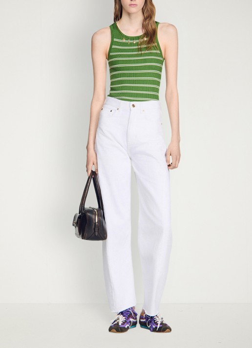 Sandro Ribgebreide tanktop in zijdeblend met streepprint en decoratie - voorkant 2 groen