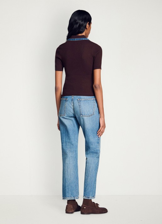 Sandro Ribgebreide top in wolblend met details van denim - achterkant 6 bruin