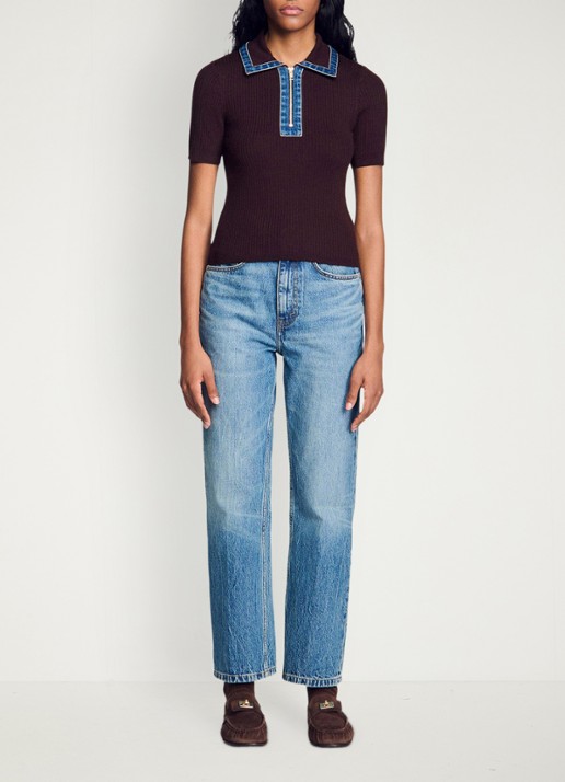 Sandro Ribgebreide top in wolblend met details van denim - detail 4 bruin