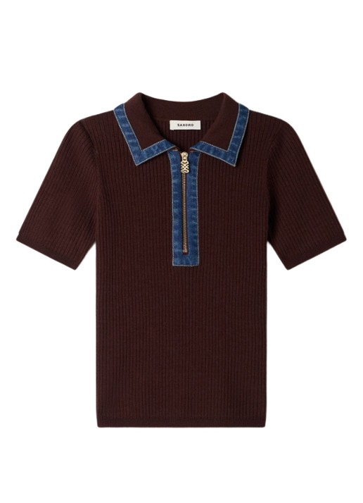 Sandro Ribgebreide top in wolblend met details van denim - voorkant bruin