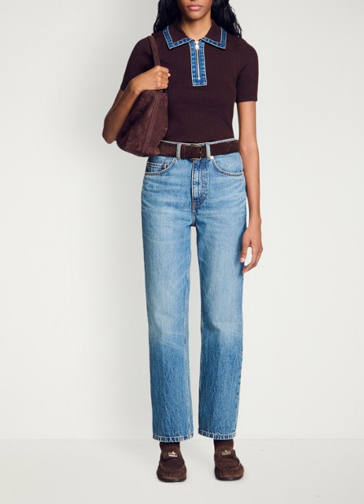 Sandro Ribgebreide top in wolblend met details van denim - voorkant 2 bruin
