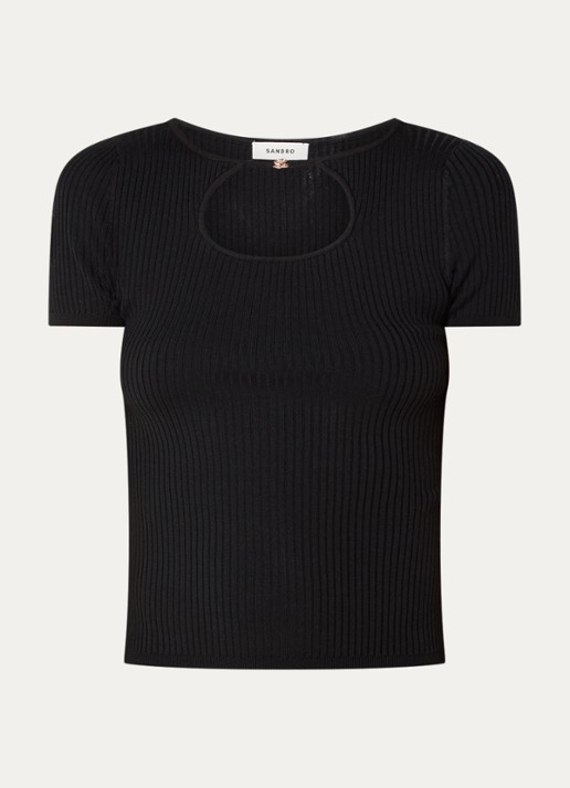 Sandro Ribgebreide top in zijdeblend met cut-out detail - voorkant 3 zwart