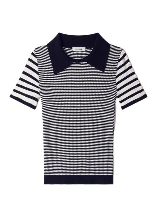 Sandro Ribgebreide top in zijdeblend met streepprint en polokraag - voorkant 4 zwart