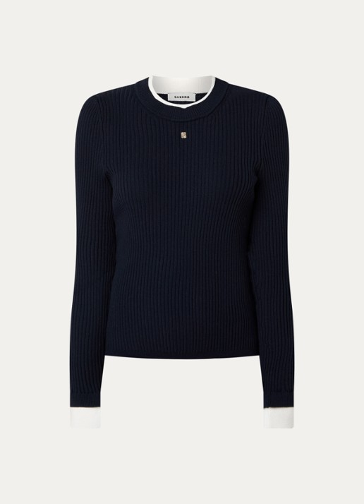 Sandro Ribgebreide top met ronde hals - voorkant 2 donkerblauw