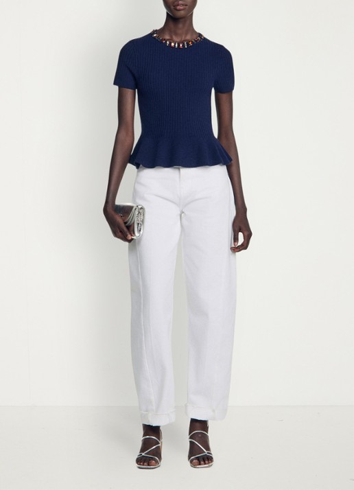 Sandro Ribgebreide trui met peplum - detail 5 donkerblauw