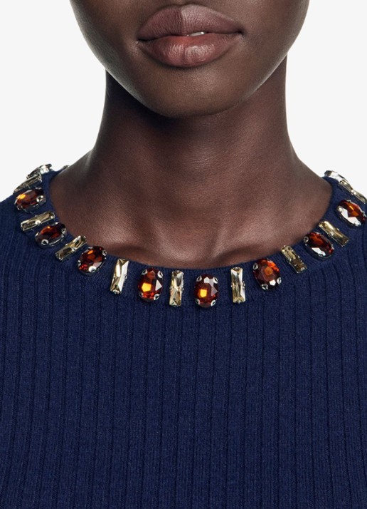 Sandro Ribgebreide trui met peplum - detail 6 donkerblauw